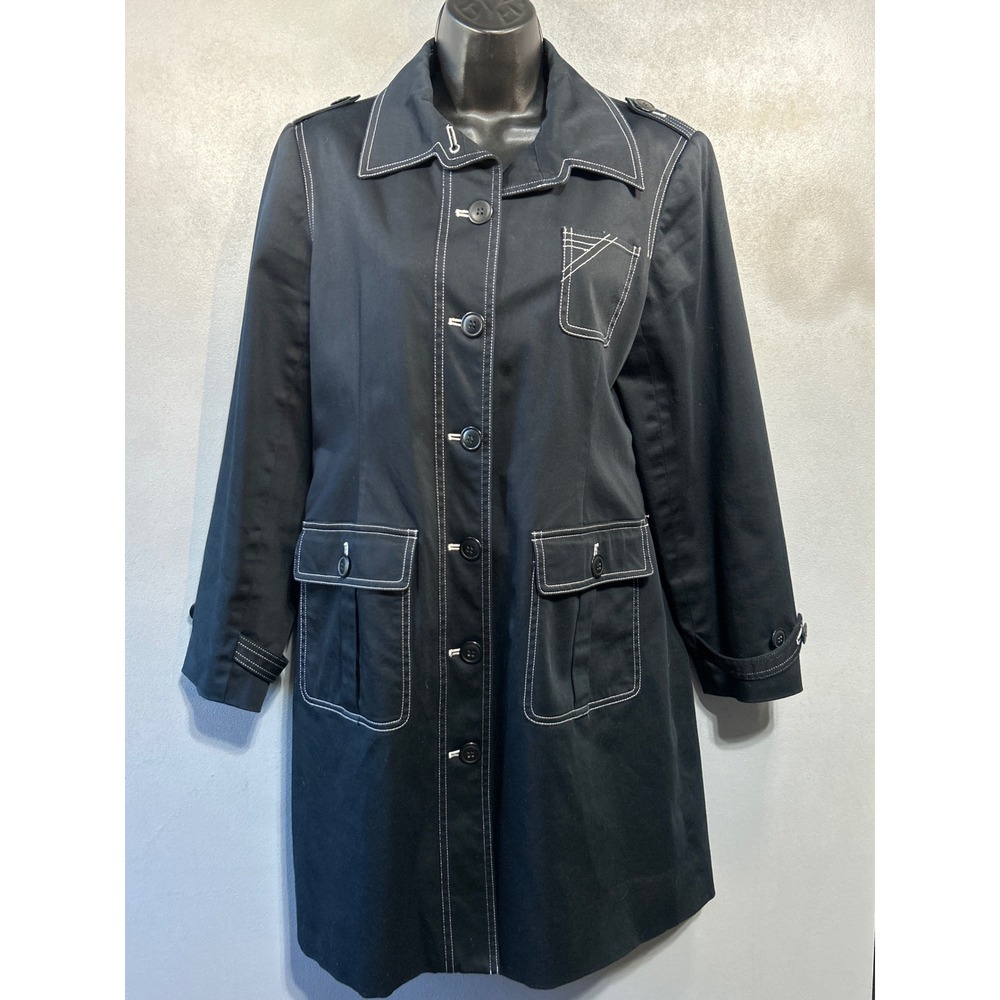 Parisian Signature Black Contrast Stitch Trench Coat Jacket Women Size 10